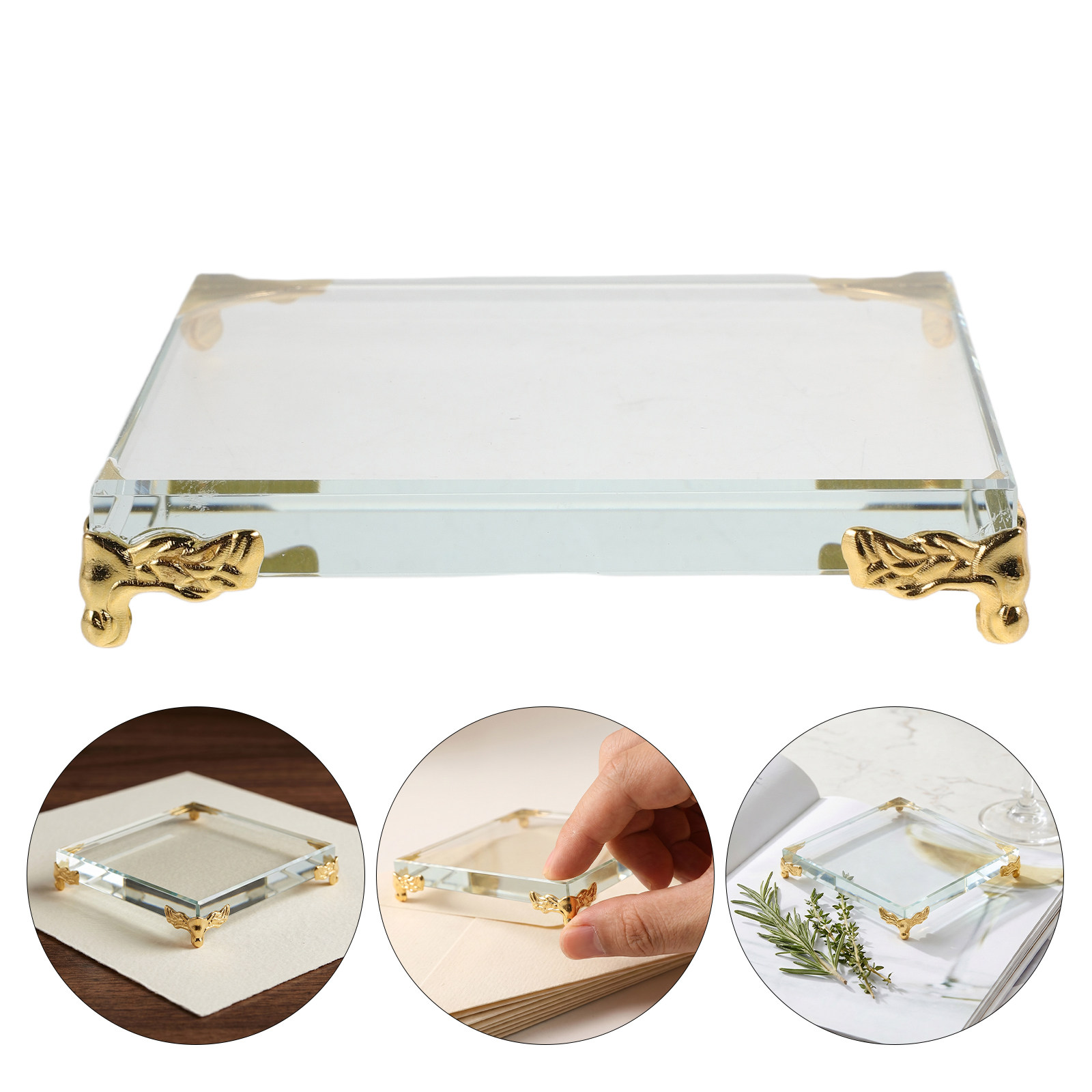 Paper Weight Crystal - Square Crystal Paperweight Gold Edge Metal
